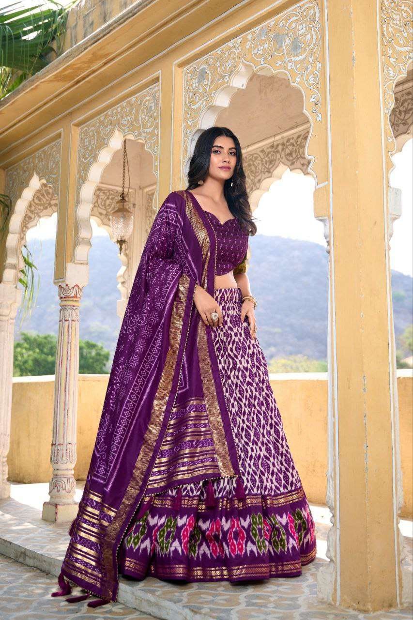 Full Purple Tussar Silk Lehenga Choli with Matching Purple Blouse | Patola Print & Foil Work | Wedding & Festive Wear