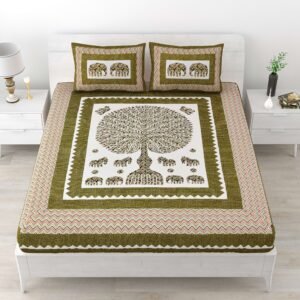 Jaipuri Printed 100% Pure Cotton Double Bedsheet With Two Pillow Cover (Greenish)