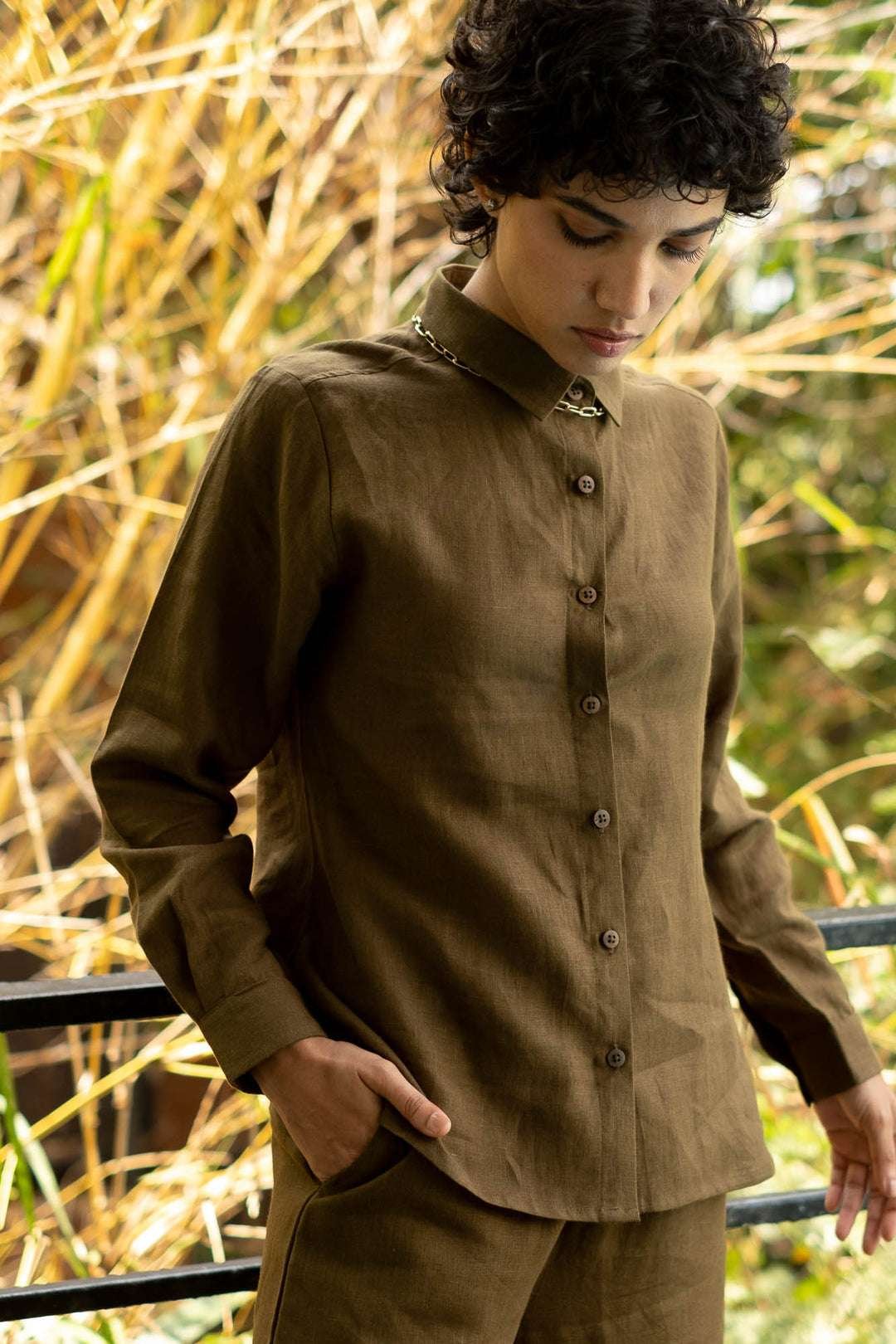 Women's Cotton Solid Pain Straight Shirt With Wide Leg Palazzo Pant Casual Summer Collection Cord Set( Brown ) - Image 3