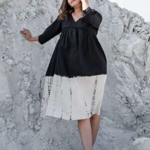 Women's Cotton Tie-Dye Print Loose Short Sleeveless Tunic Dress ( Black White )