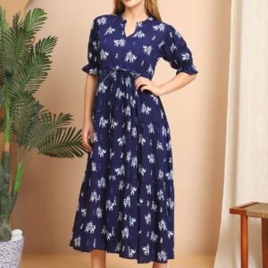 Women's Cotton Printed Fit & Flare Anarkali Gown Midi Dress