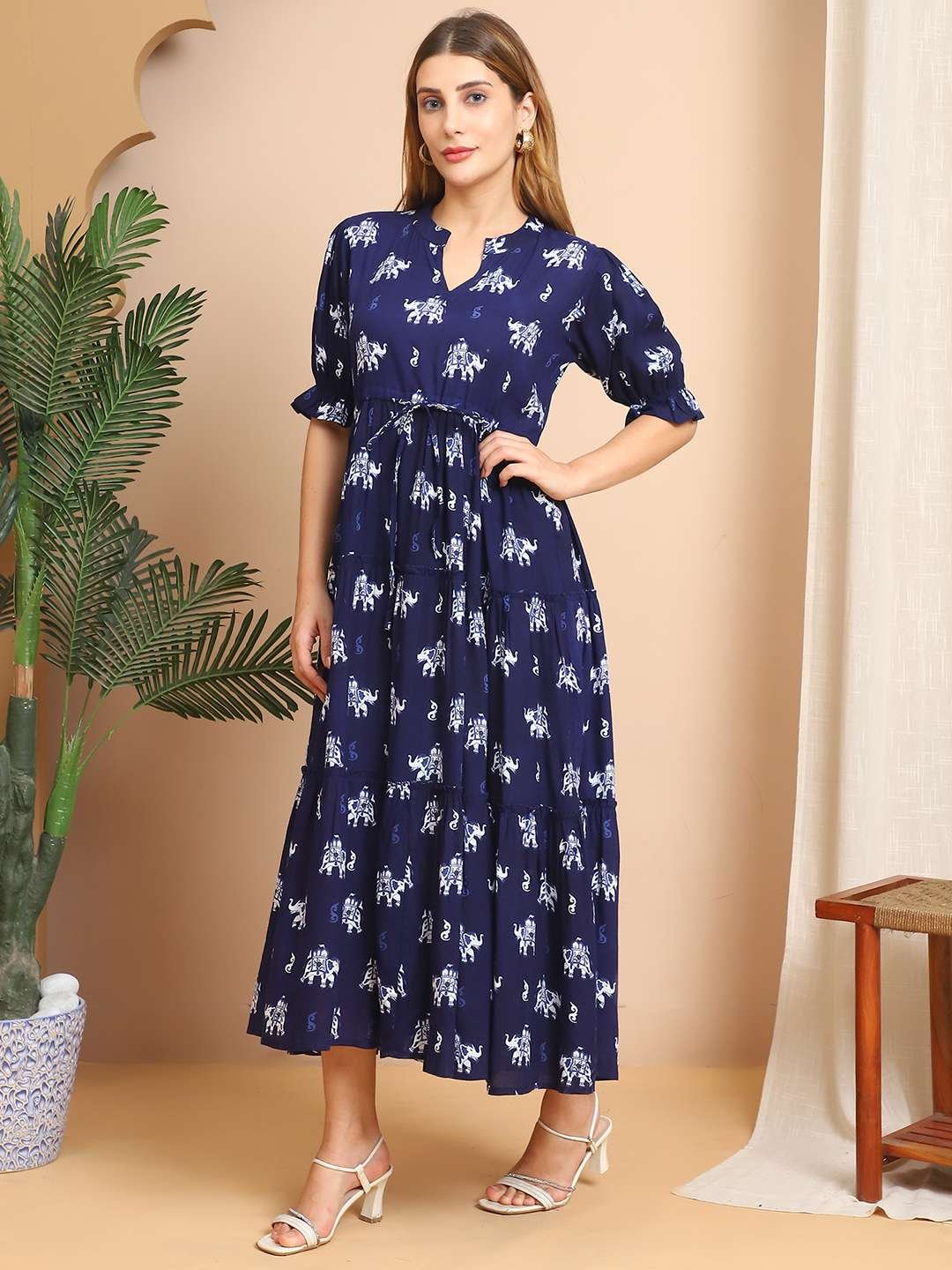 Women's Cotton Printed Fit & Flare Anarkali Gown Midi Dress