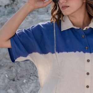Women's Cotton Dip-Dye Pattern Two-Piece Lounge Set Tunic with Wide-Leg Pants, Resort Wear ( Navy Blue Beige )