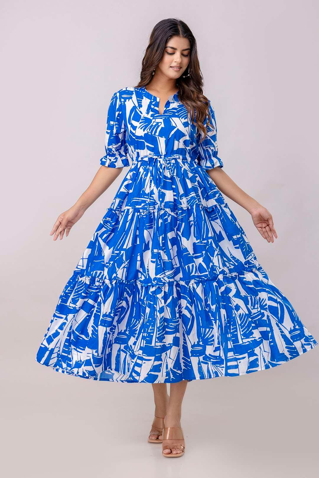 Women's Cotton Printed Fit & Flare Anarkali Gown Midi Dress
