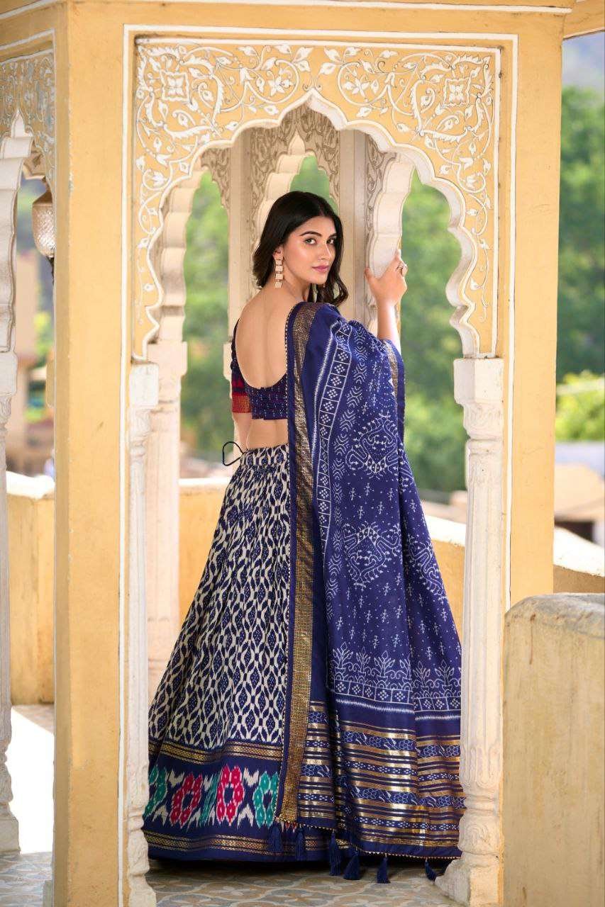 Full Royal Blue Tussar Silk Lehenga Choli with Matching Royal Blue Blouse | Patola Print & Foil Work | Wedding & Festive Wear - Image 2