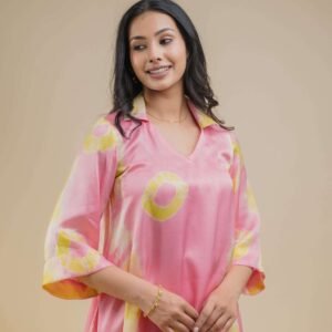 Women's Cotton Tie Dye Print Two-Piece Lounge Set Button-Down Tunic with Palazzo Pants Resort Wear ( Pink )
