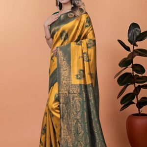 Mustard Yellow & Green Banarasi Silk Saree with Zari Weaving | Elegant Traditional Saree for Weddings, Festivals & Ethnic Occasions