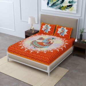 Orange-Colored 100% Cotton Jaipuri Traditional Double Bedsheet With Two Pillow Covers.