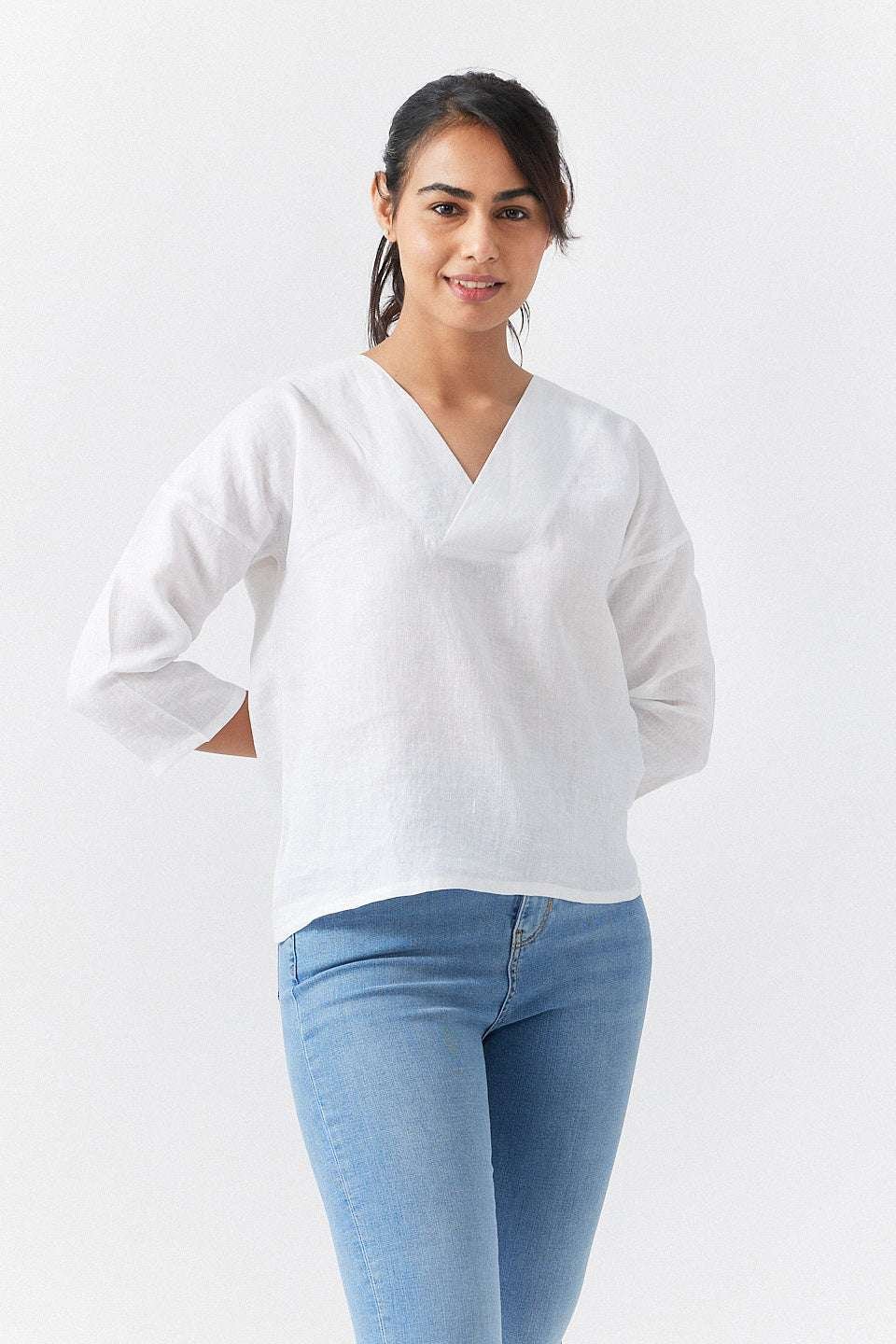 Women's Cotton Solid V Neck 3/4 sleeve 2 Piece Outfit Tank Top and Wide Leg Palazzo Pants Sets cord set ( White ) - Image 5