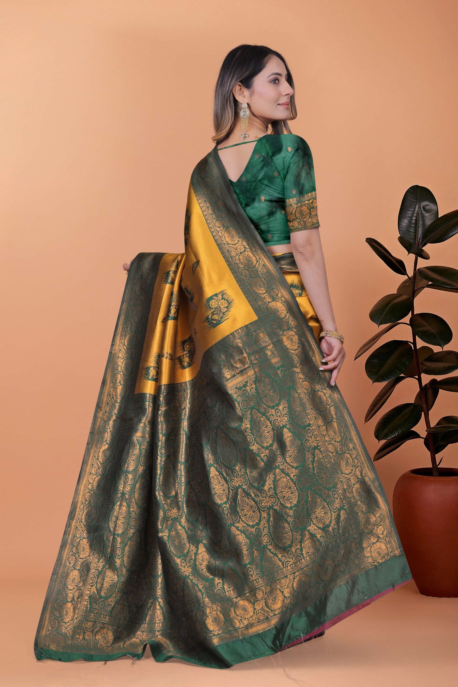 Mustard Yellow & Green Banarasi Silk Saree with Zari Weaving | Elegant Traditional Saree for Weddings, Festivals & Ethnic Occasions - Image 3