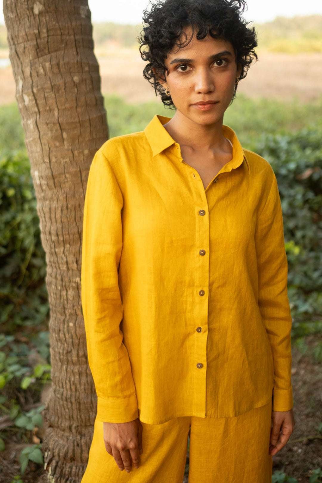 Women's Cotton Solid Pain Straight Shirt With Wide Leg Palazzo Pant Casual Summer Collection Cord Set( Yellow ) - Image 4