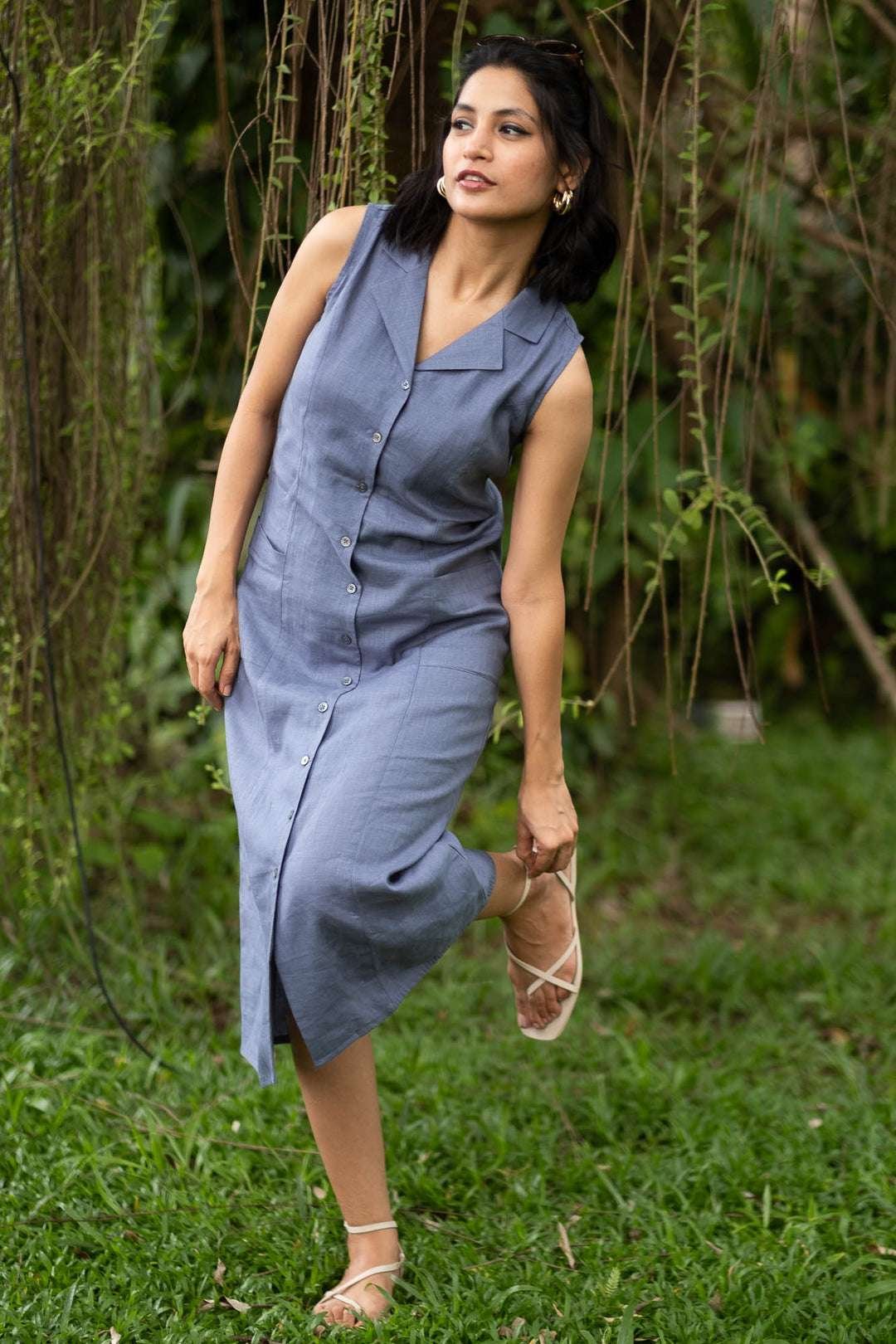Women's Cotton Solid Oversized Fit Spread Collar Sleeveless Dresses ( Grey ) - Image 2