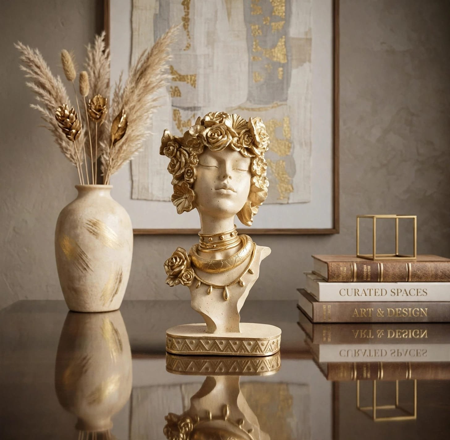 Elegant lady face bust statue with golden floral crown