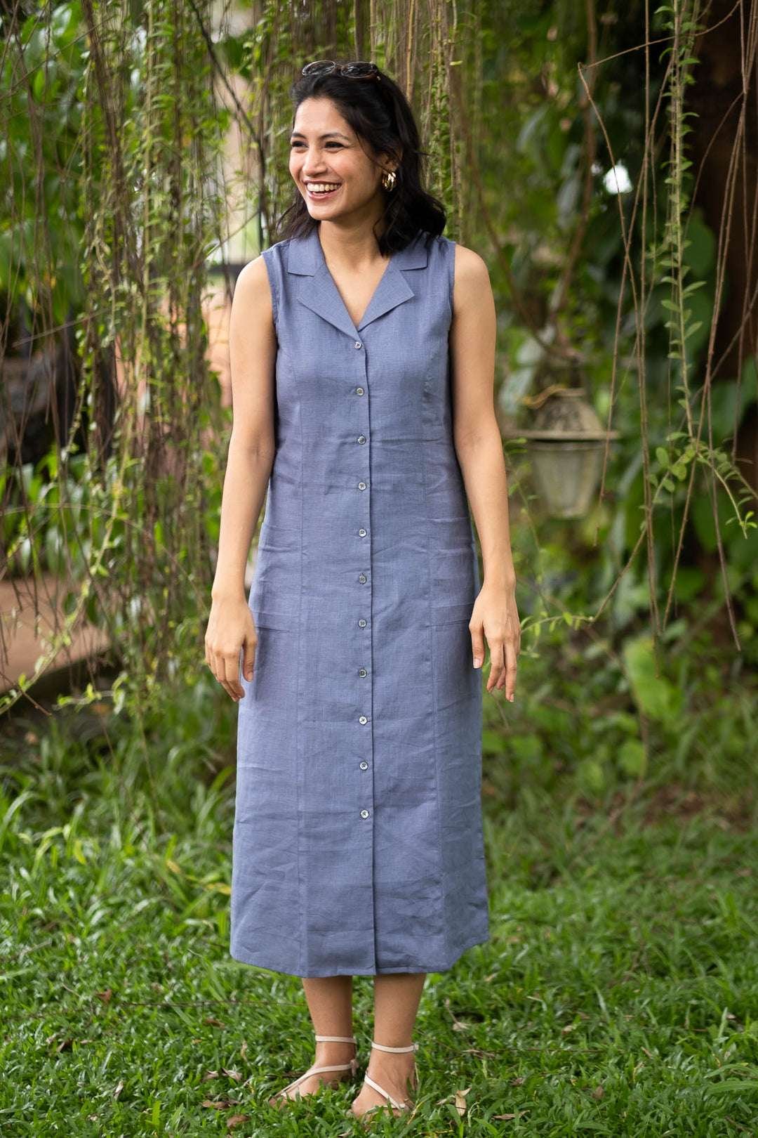 Women's Cotton Solid Oversized Fit Spread Collar Sleeveless Dresses ( Grey ) - Image 4