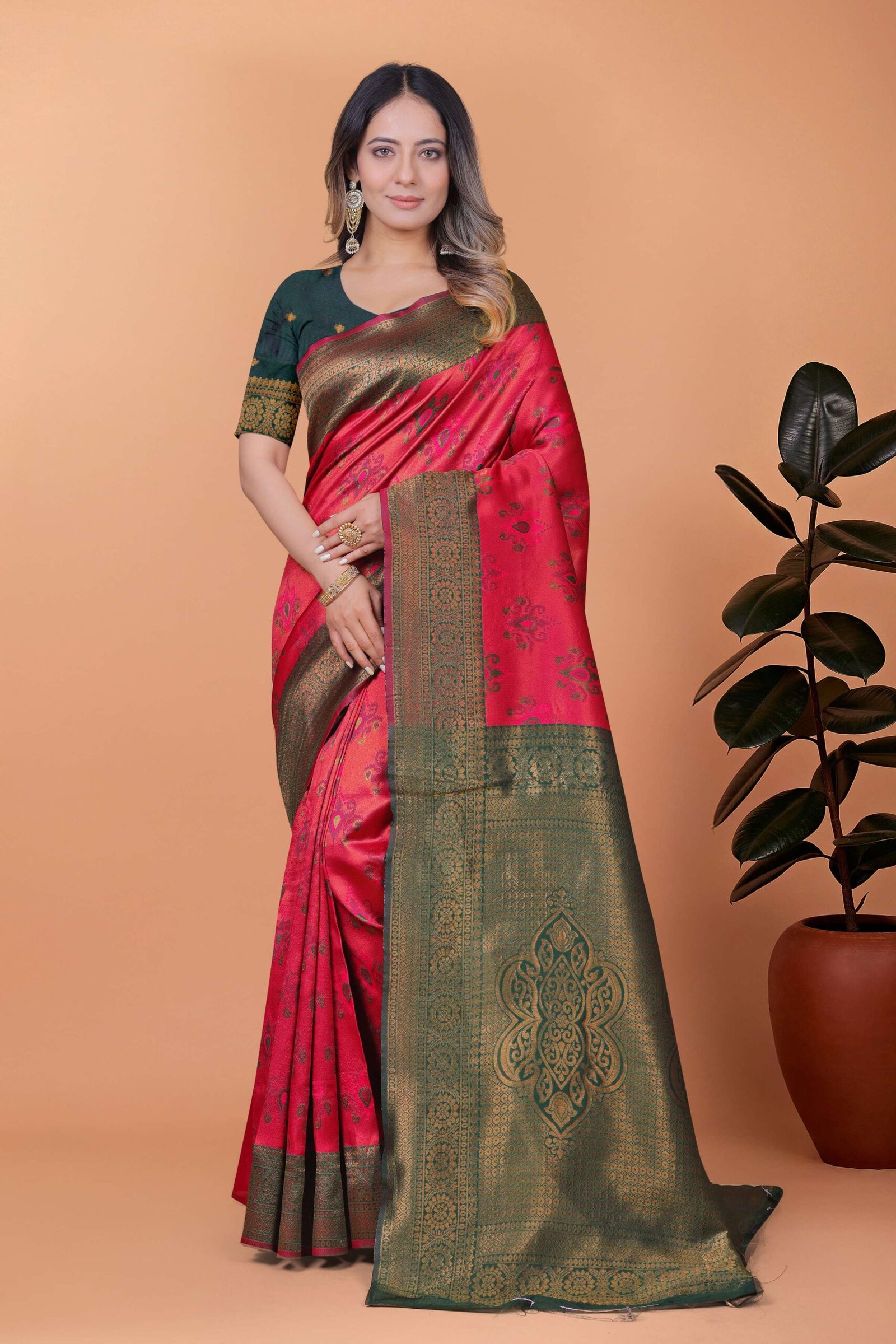 Crimson Majesty Banarasi Silk Saree in Cherry Red & Bottle Green with Zari Work | Wedding, Festive & Traditional Ethnic Wear - Image 6