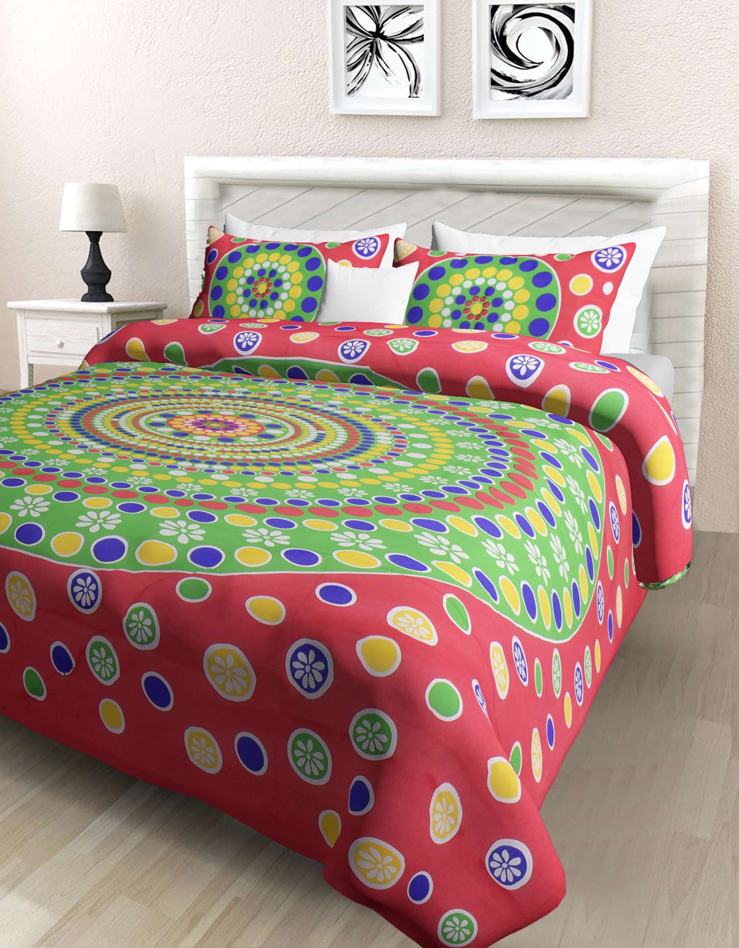 Jaipuri Printed Cotton Double Bedsheet With Two Pillow Covers.