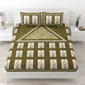 Jaipuri Floral Printed 100% Pure Cotton Double Bedsheet With Two Pillow Cover (Greenish)