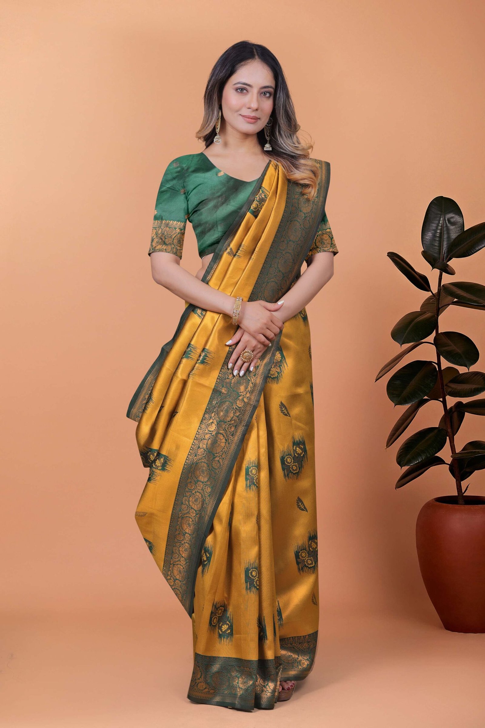 Mustard Yellow & Green Banarasi Silk Saree with Zari Weaving | Elegant Traditional Saree for Weddings, Festivals & Ethnic Occasions - Image 2