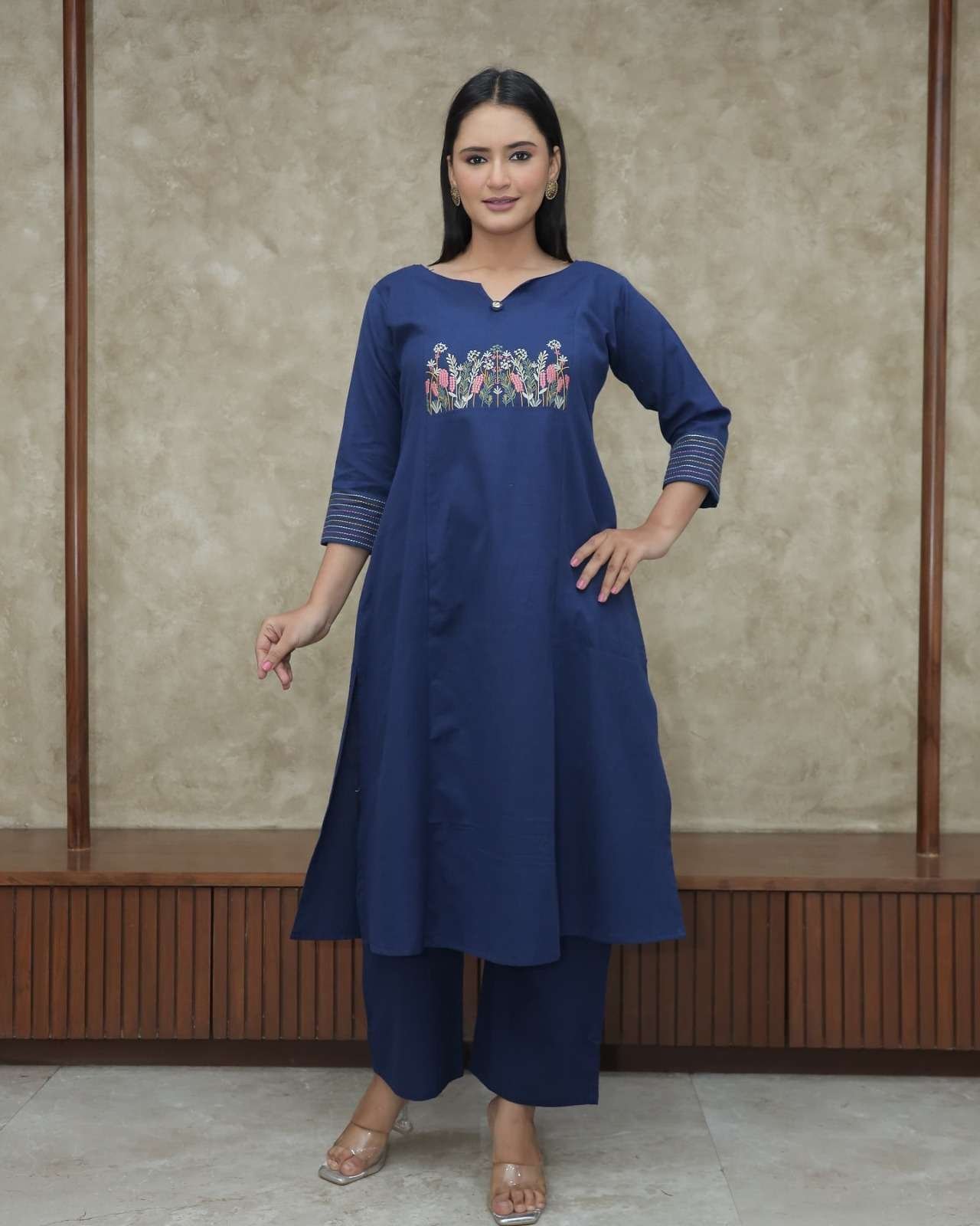Women's Cotton Embroidered Straight Kurti With Pant Set