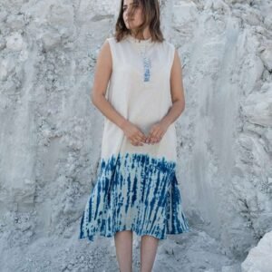 Women's Cotton Tie-Dye Print Loose Short Sleeveless Tunic Dress ( Aasmani )