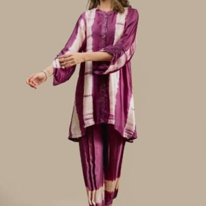 Women's Cotton Tie Dye Print Two-Piece Lounge Set Button-Down Tunic with Palazzo Pants Resort Wear ( Teal and Yellow )