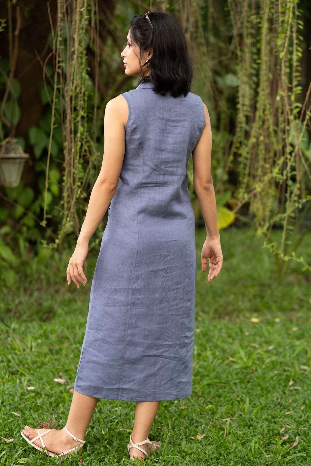 Women's Cotton Solid Oversized Fit Spread Collar Sleeveless Dresses ( Grey ) - Image 3