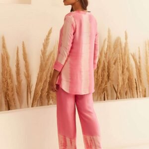 Women's Cotton Tie Dye Print Two-Piece Lounge Set Tunic with Wide-Leg Pants, Resort Wear ( Pink )