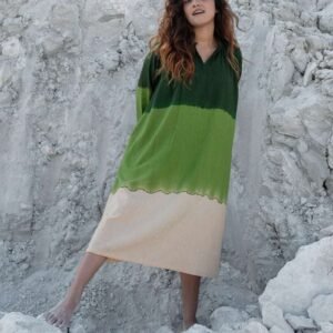Women's Cotton Tie-Dye Print Loose Short Sleeveless Tunic Dress ( Green )